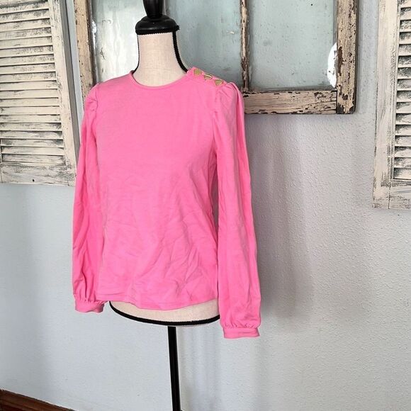 Charter Club Womens Top Heart Button Shoulder Long Sleeve Pink Size Petite NWT - Picture 2 of 14